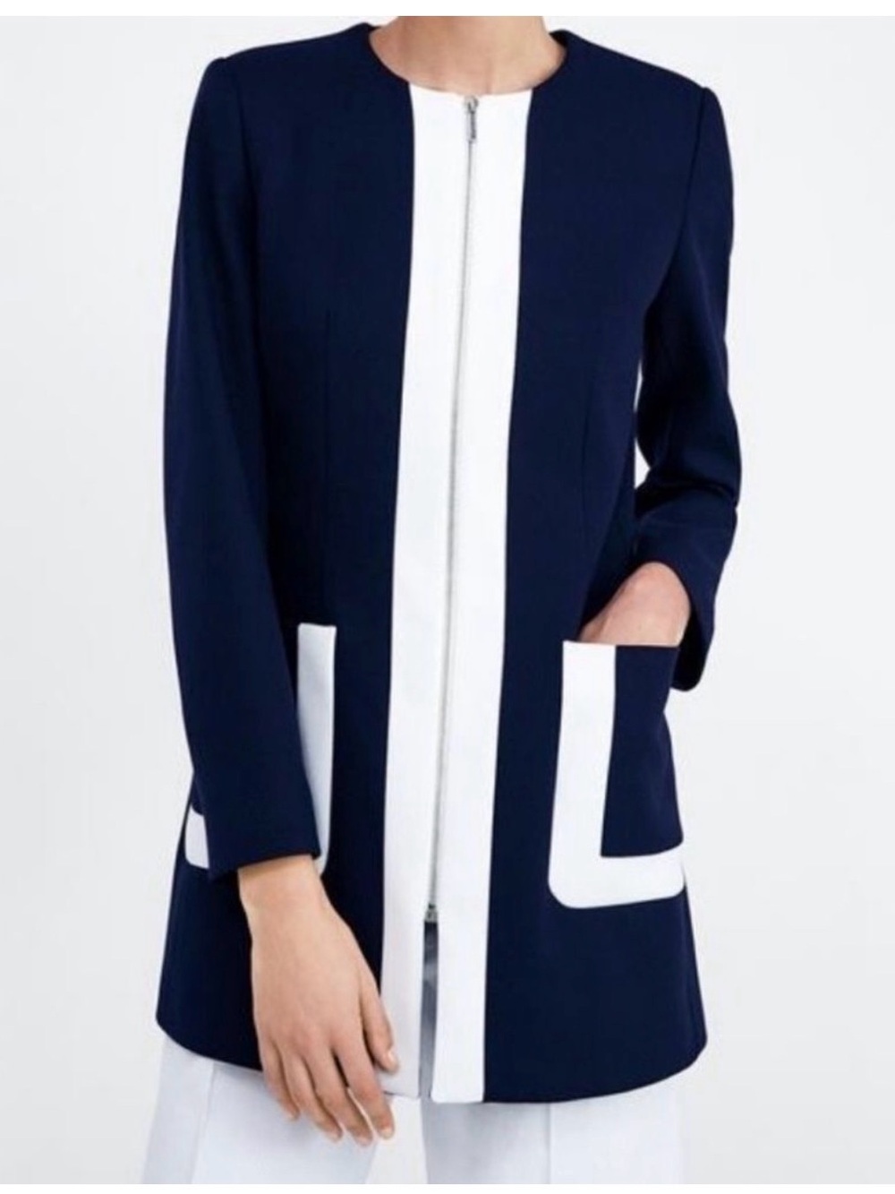 Zara Navy and White Zip-Front Long Blazer